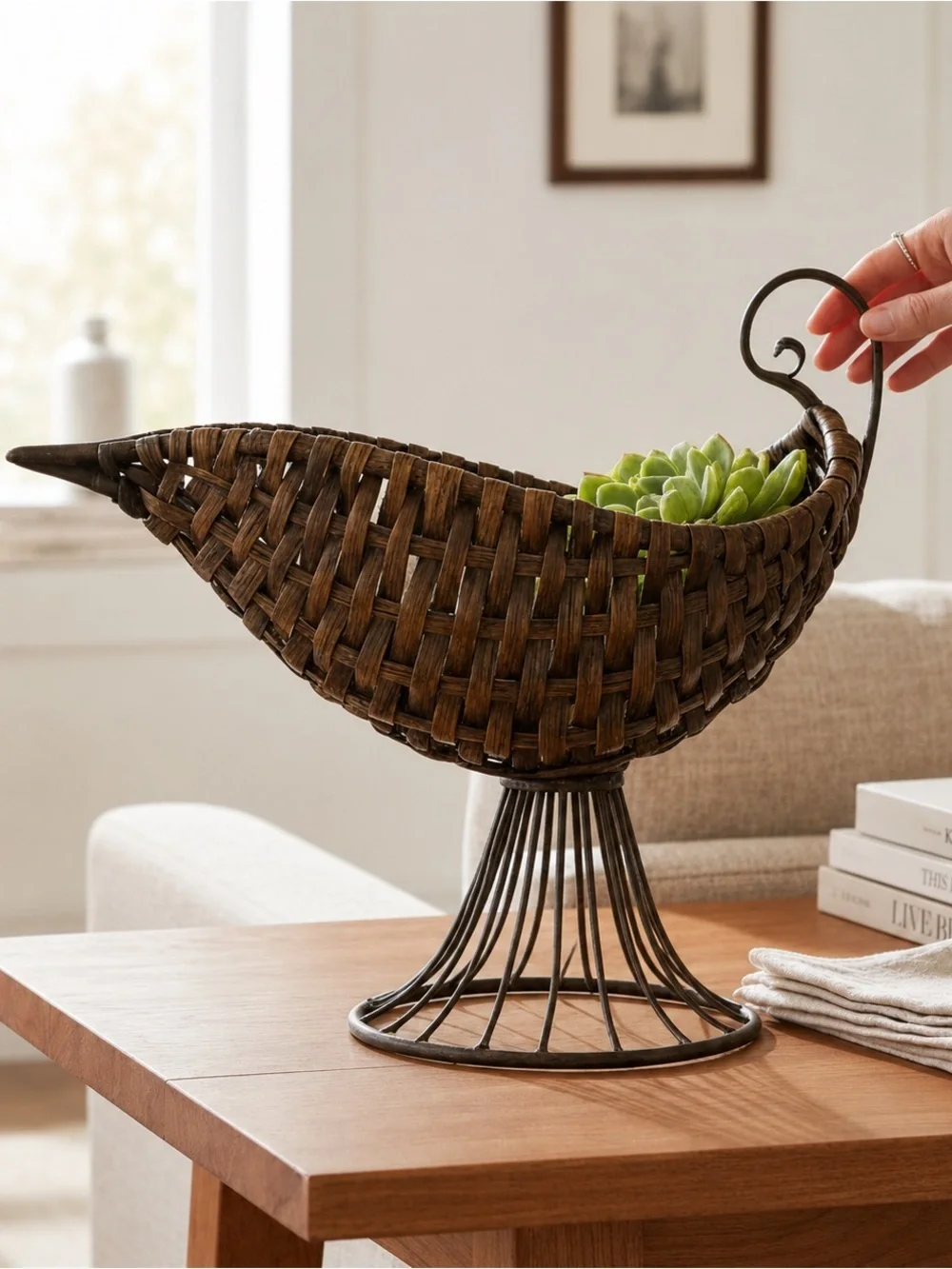 Woven Rattan Wrought Iron Fruit Basket Pedestal Stand Centerpiece MCM Boho